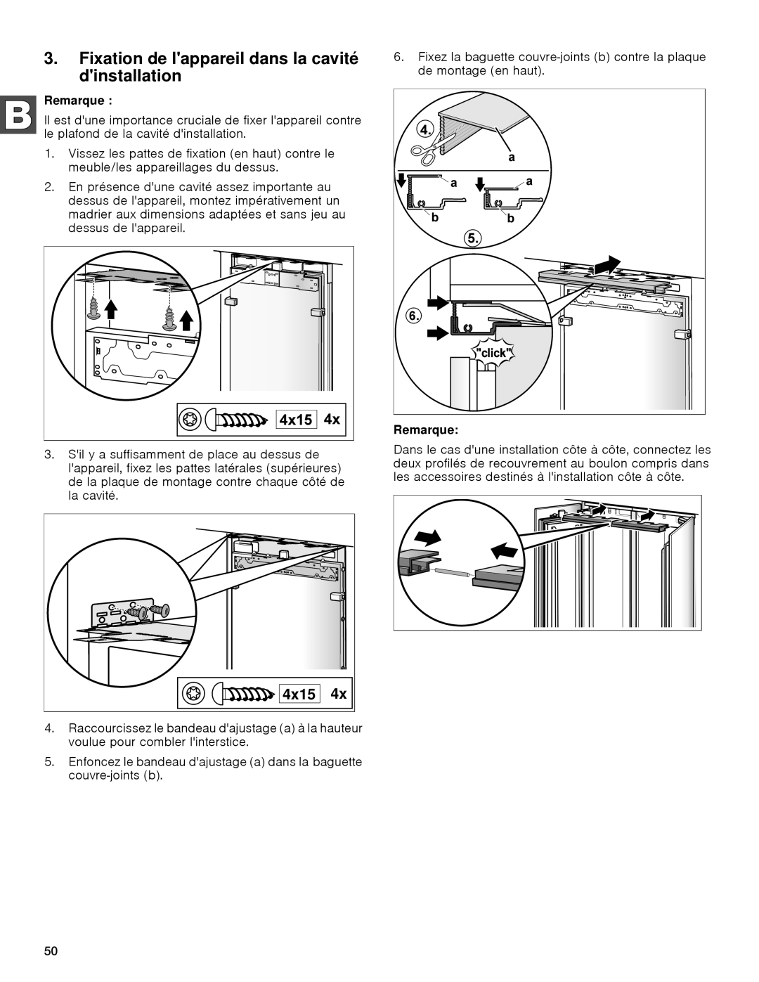 Gaggenau rc 462/413 rf 411/413 rf 461/463 rf 471 rw 414/464 manual Fixation de lappareil dans la cavité dinstallation 