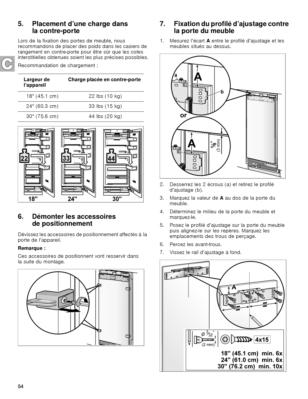 Gaggenau rc 462/413 rf 411/413 rf 461/463 rf 471 rw 414/464 manual Placement d’une charge dans la contre-porte, Largeur de 