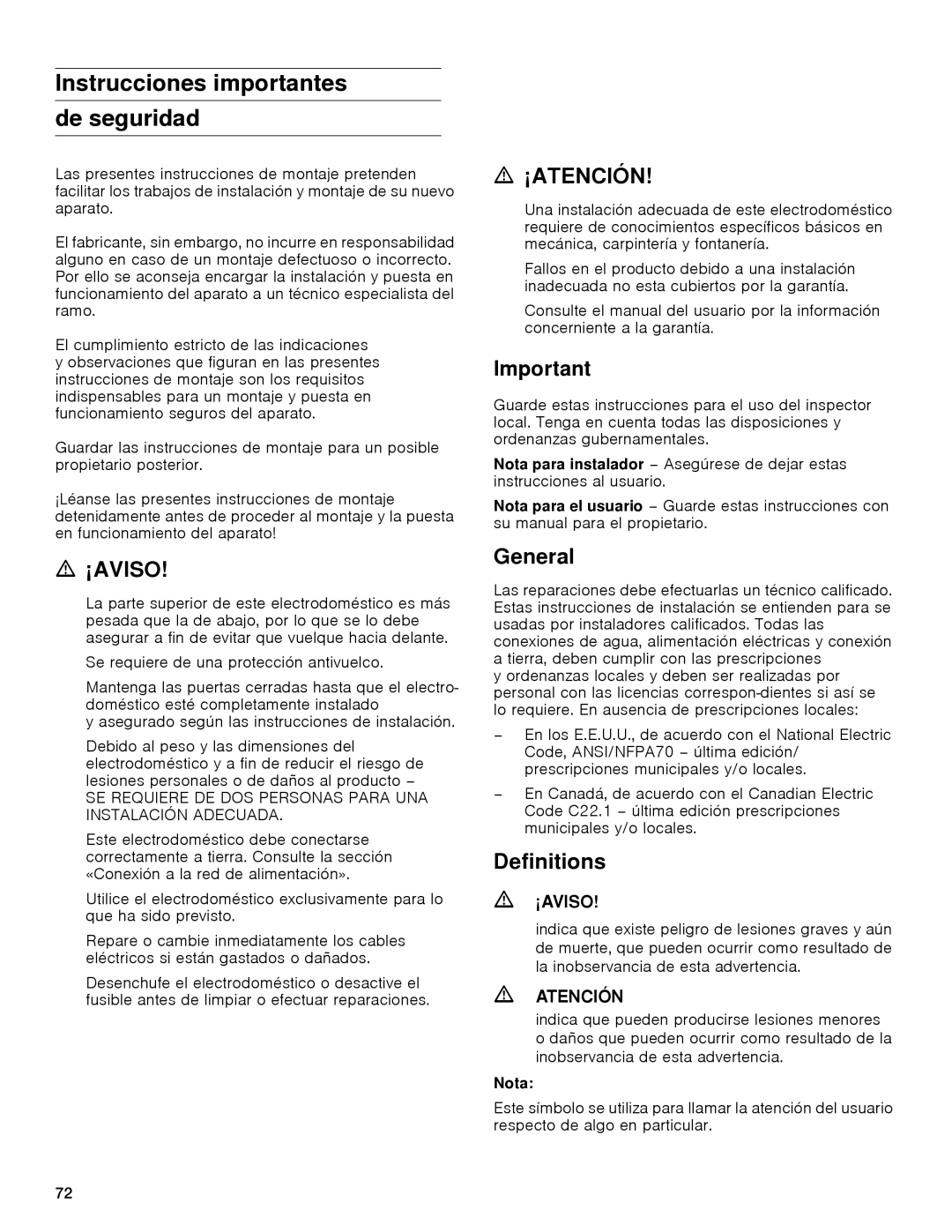 Gaggenau rc 462/413 rf 411/413 rf 461/463 rf 471 rw 414/464 Instrucciones importantes De seguridad, ¡Aviso, ¡Atención 