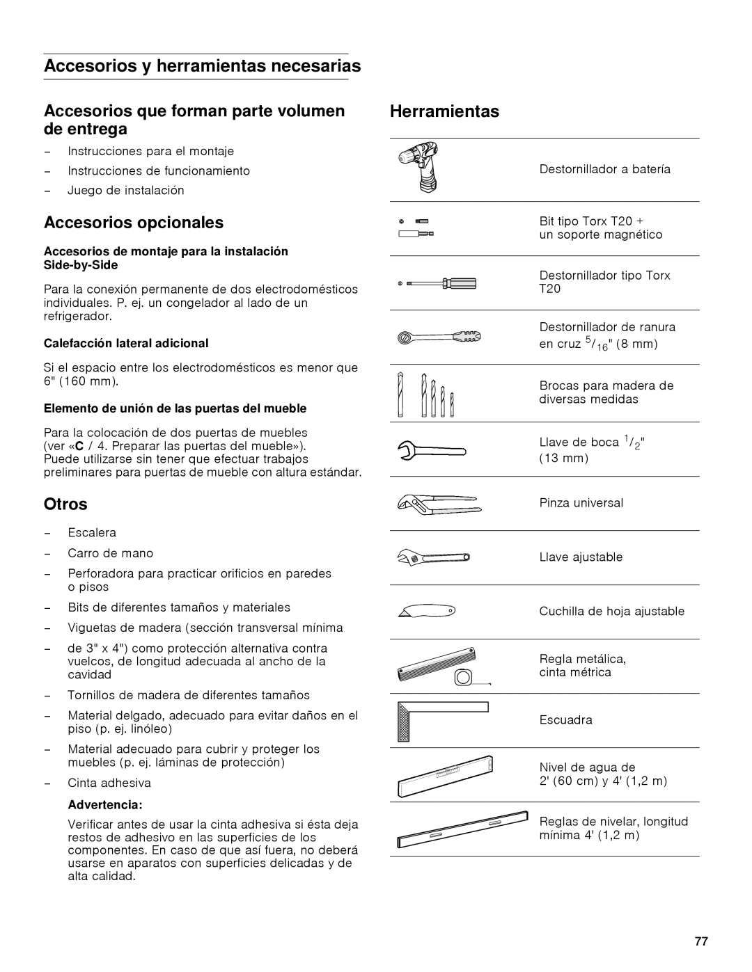 Gaggenau rc 462/413 rf 411/413 rf 461/463 rf 471 rw 414/464 manual Accesorios y herramientas necesarias, Herramientas 