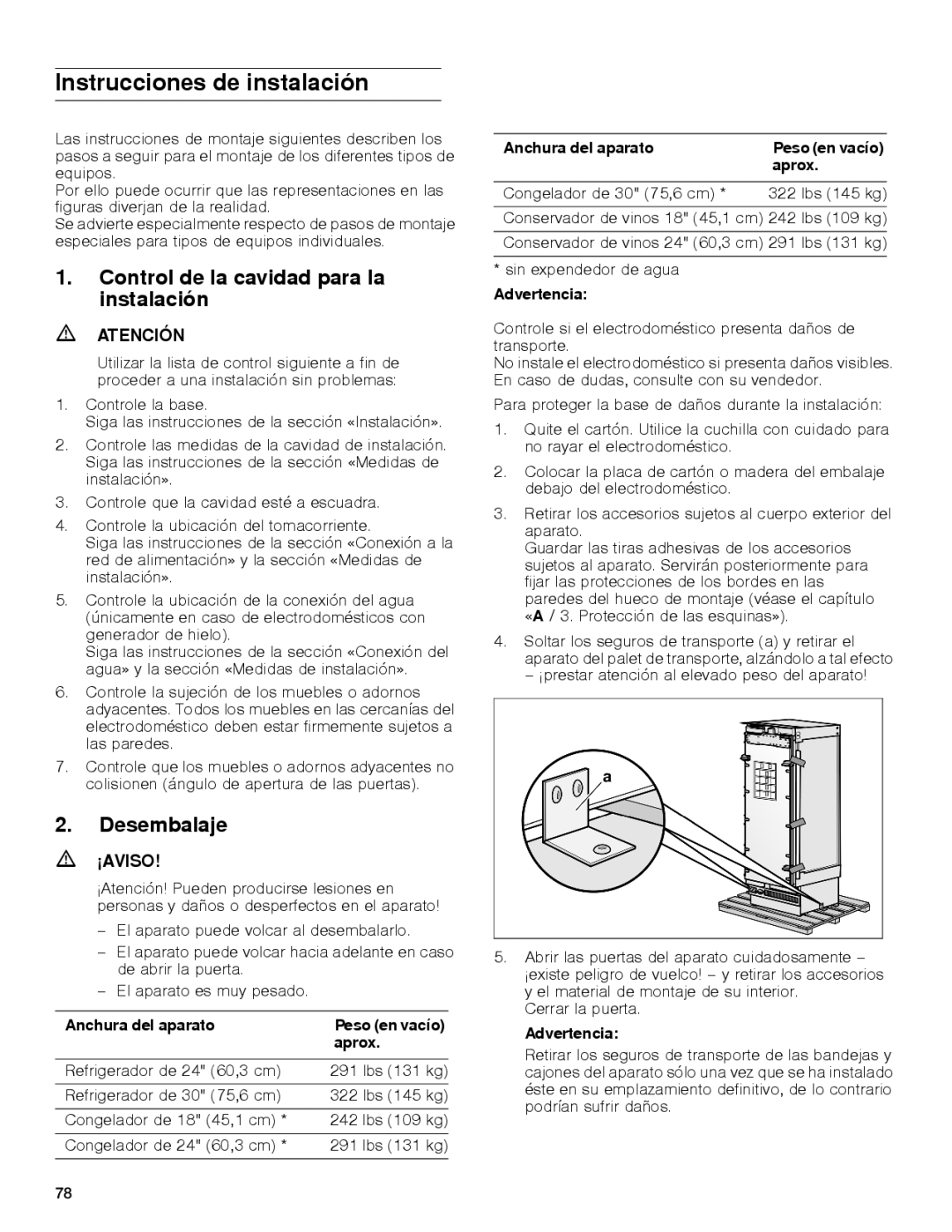 Gaggenau rc 462/413 rf 411/413 rf 461/463 rf 471 rw 414/464 manual Instrucciones de instalación, Desembalaje 