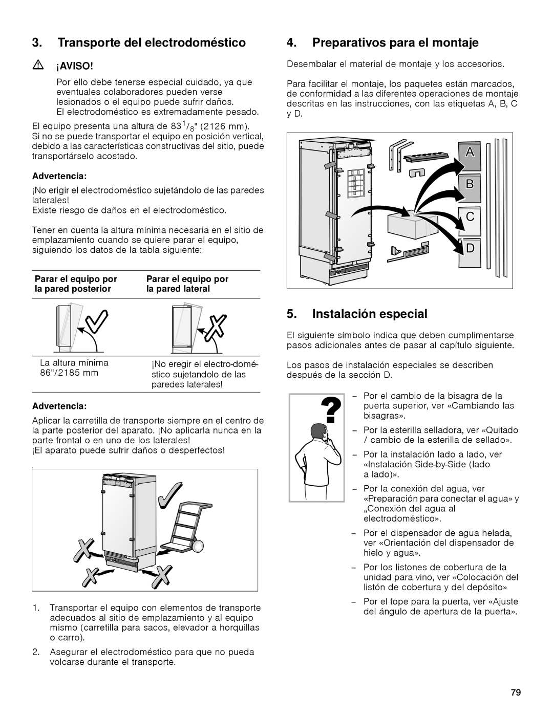 Gaggenau rc 462/413 rf 411/413 rf 461/463 rf 471 rw 414/464 Transporte del electrodoméstico, Preparativos para el montaje 