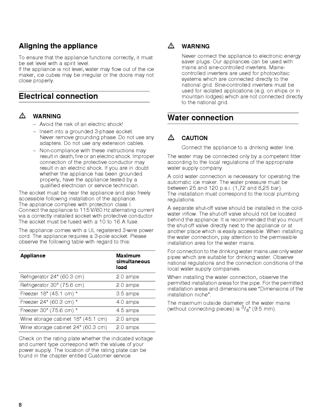 Gaggenau rc 462/413 rf 411/413 rf 461/463 rf 471 rw 414/464 manual Electrical connection, Water connection 