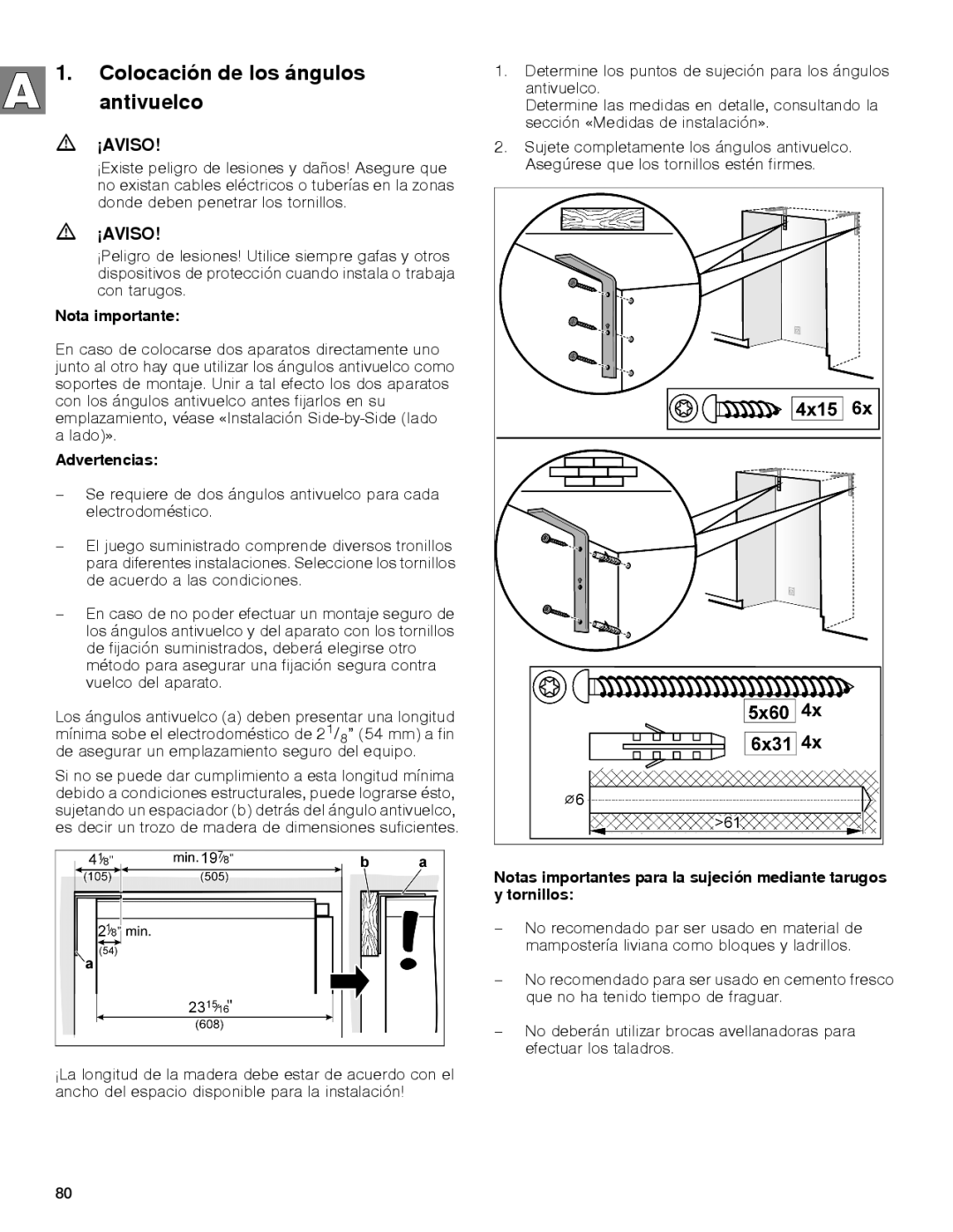 Gaggenau rc 462/413 rf 411/413 rf 461/463 rf 471 rw 414/464 manual Colocación de los ángulos antivuelco, Nota importante 