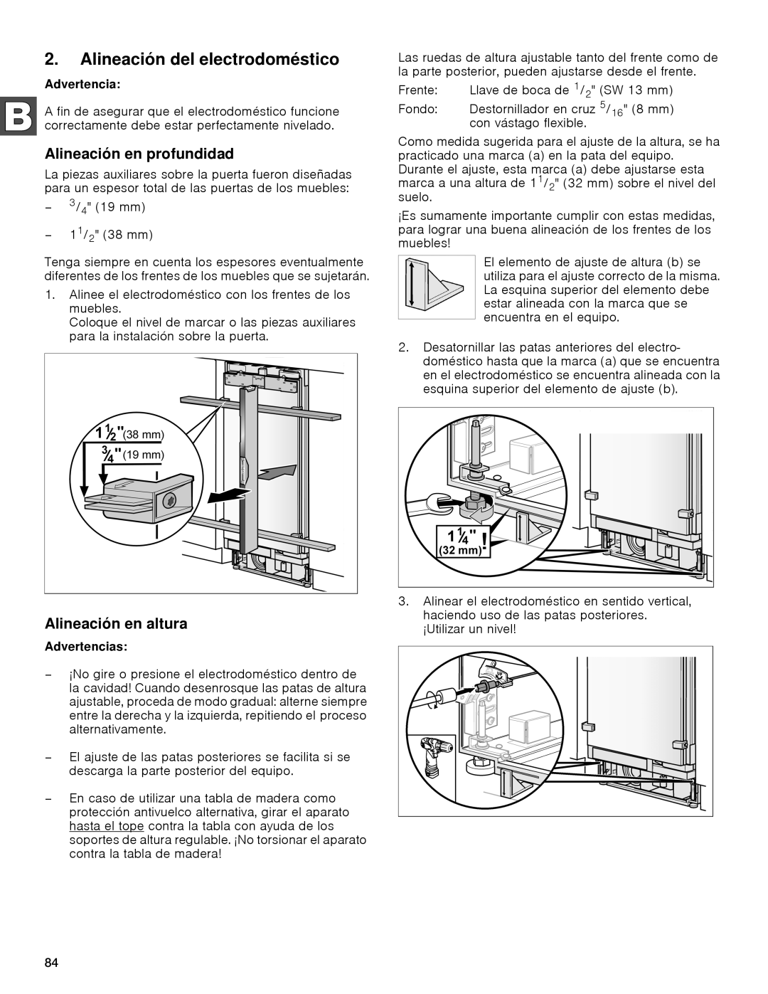 Gaggenau rc 462/413 rf 411/413 rf 461/463 rf 471 rw 414/464 Alineación del electrodoméstico, Alineación en profundidad 