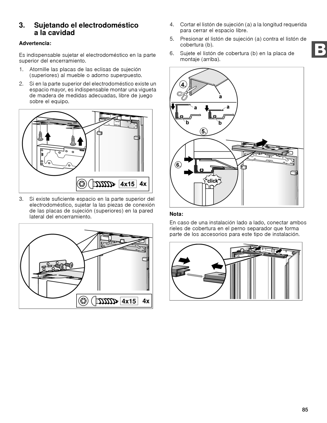 Gaggenau rc 462/413 rf 411/413 rf 461/463 rf 471 rw 414/464 manual Sujetando el electrodoméstico a la cavidad, Nota 