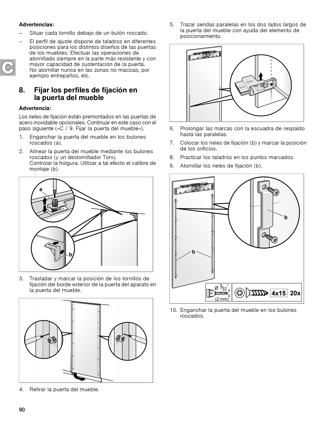 Gaggenau rc 462/413 rf 411/413 rf 461/463 rf 471 rw 414/464 manual Fijar los perfiles de fijación en la puerta del mueble 