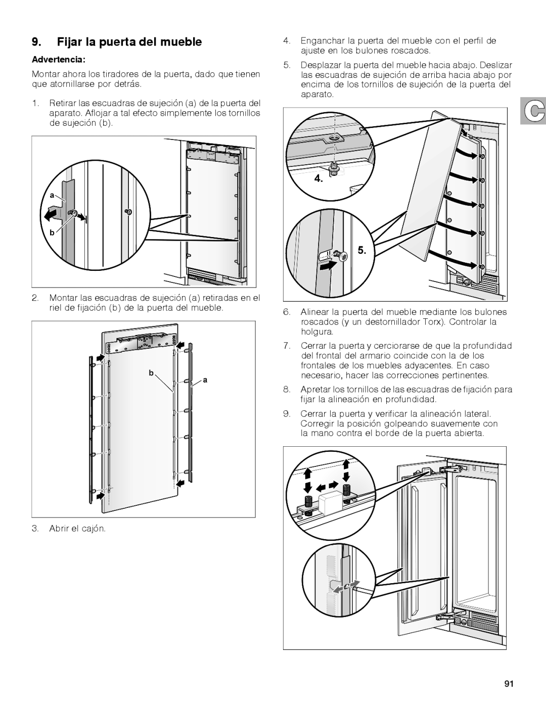 Gaggenau rc 462/413 rf 411/413 rf 461/463 rf 471 rw 414/464 manual Fijar la puerta del mueble 