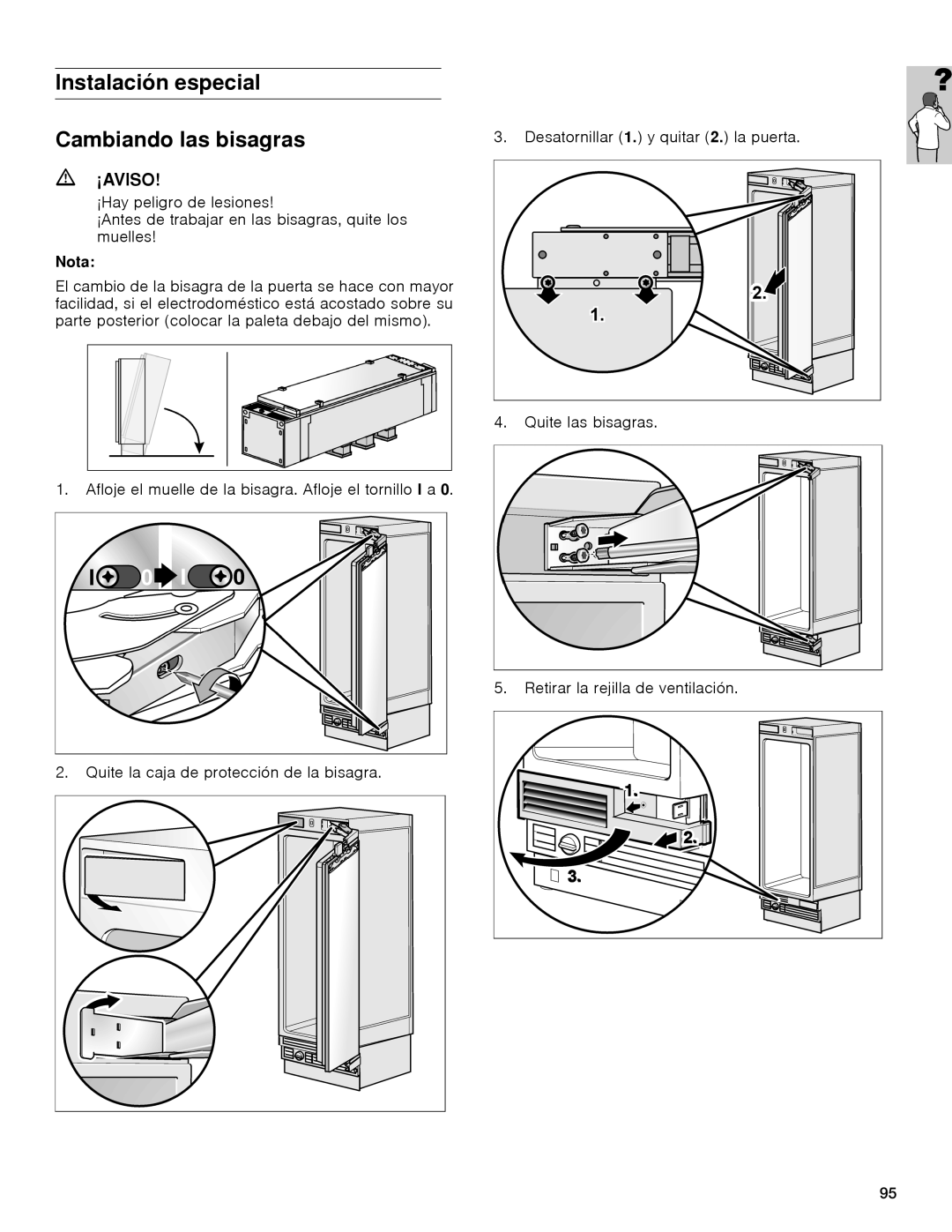 Gaggenau rc 462/413 rf 411/413 rf 461/463 rf 471 rw 414/464 manual Instalación especial Cambiando las bisagras, Nota 