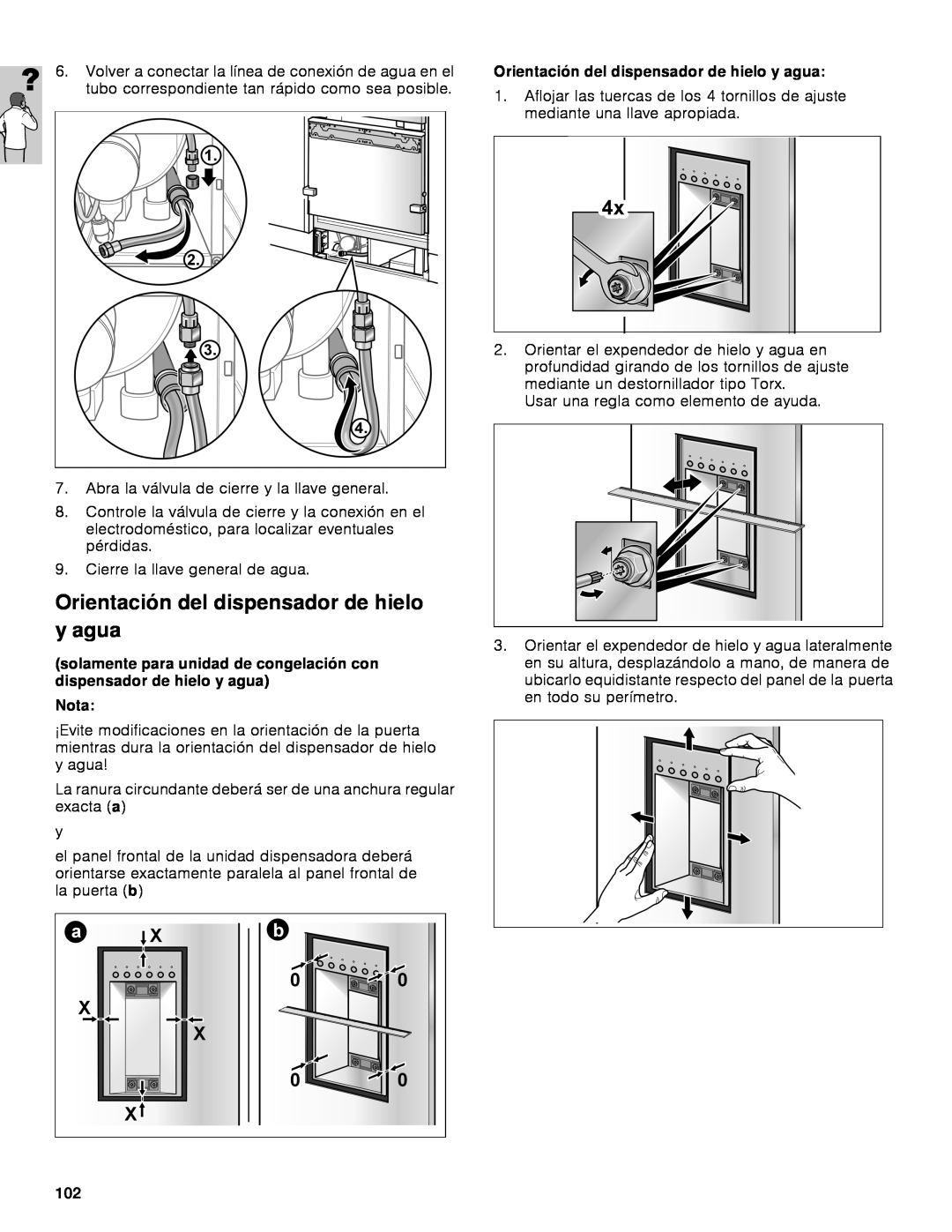 Gaggenau rc 462/413 rf 411/413 rf 461/463 rf 471 rw 414/464 manual Orientación del dispensador de hielo y agua, Nota 