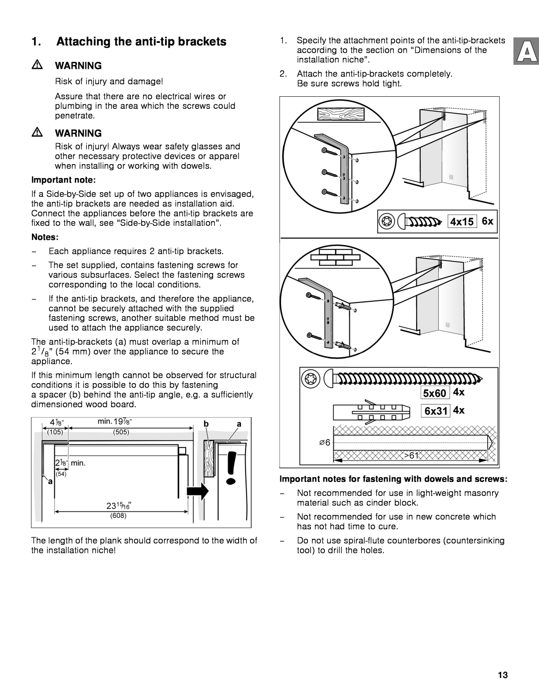Gaggenau rc 462/413 rf 411/413 rf 461/463 rf 471 rw 414/464 manual Attaching the anti-tipbrackets, Important note, Notes 