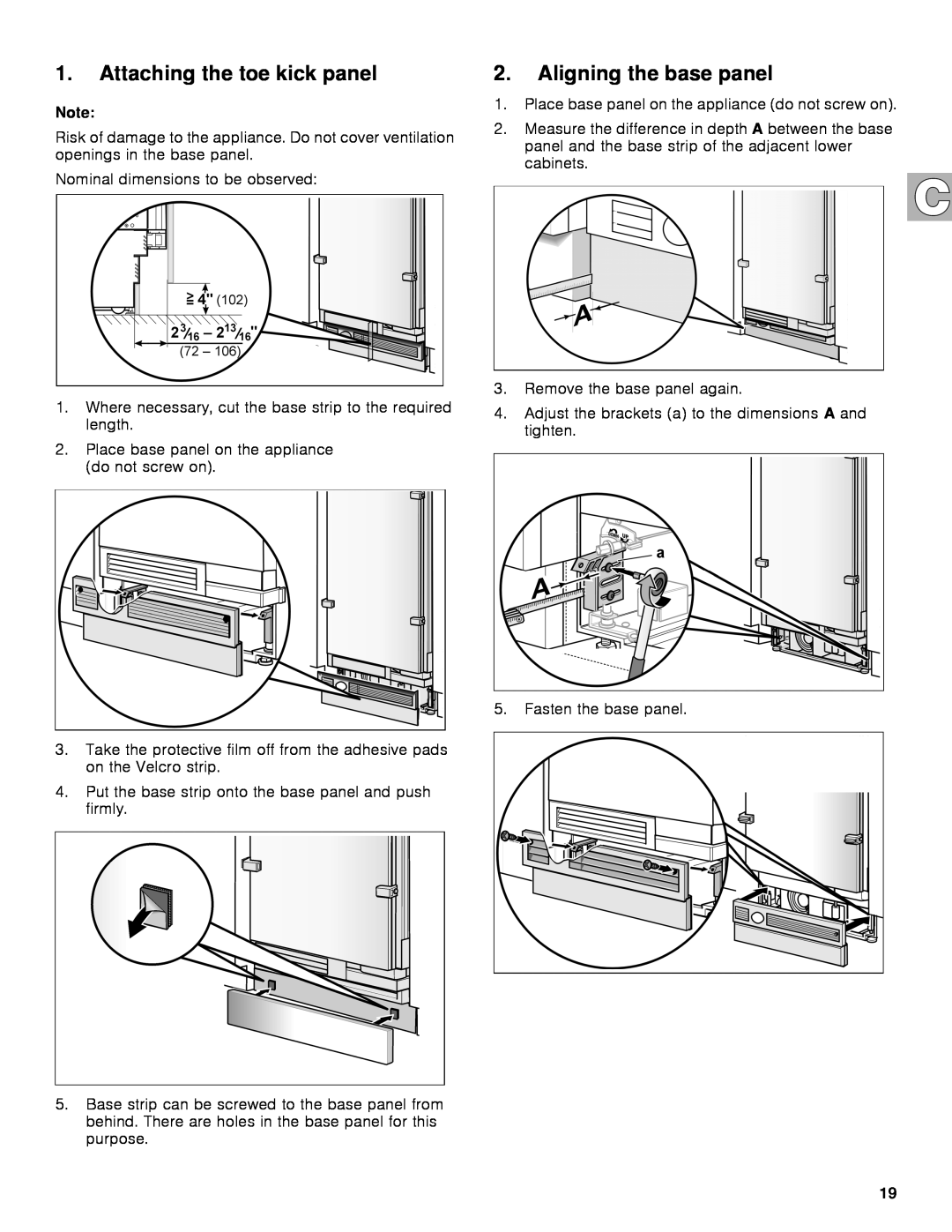 Gaggenau rc 462/413 rf 411/413 rf 461/463 rf 471 rw 414/464 manual Attaching the toe kick panel, Aligning the base panel 