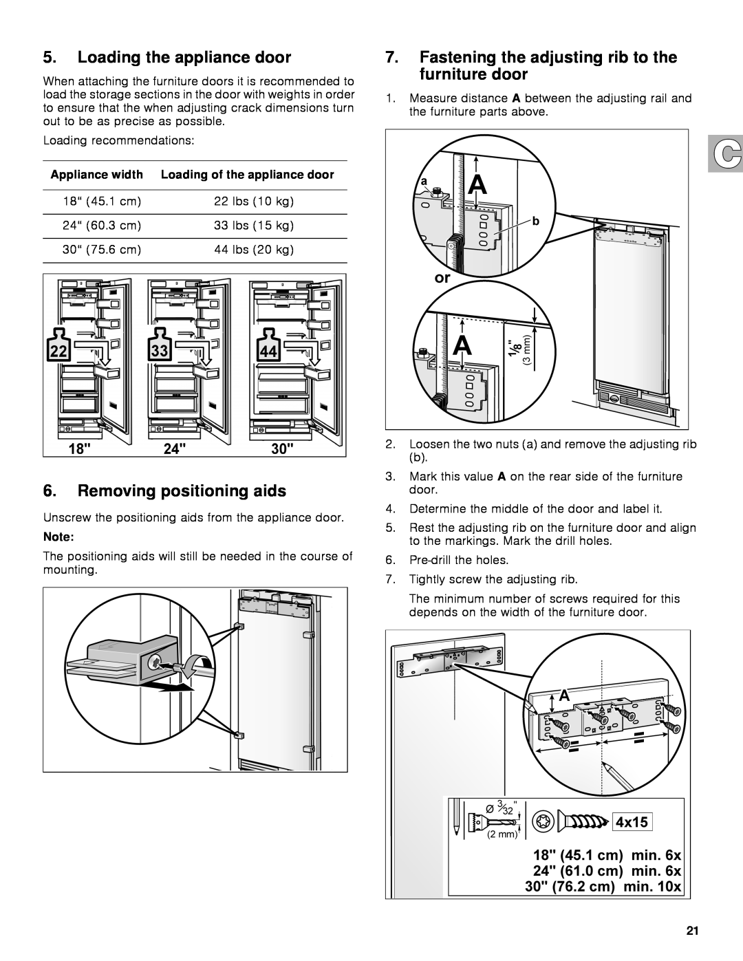 Gaggenau rc 462/413 rf 411/413 rf 461/463 rf 471 rw 414/464 manual Loading the appliance door, Removing positioning aids 