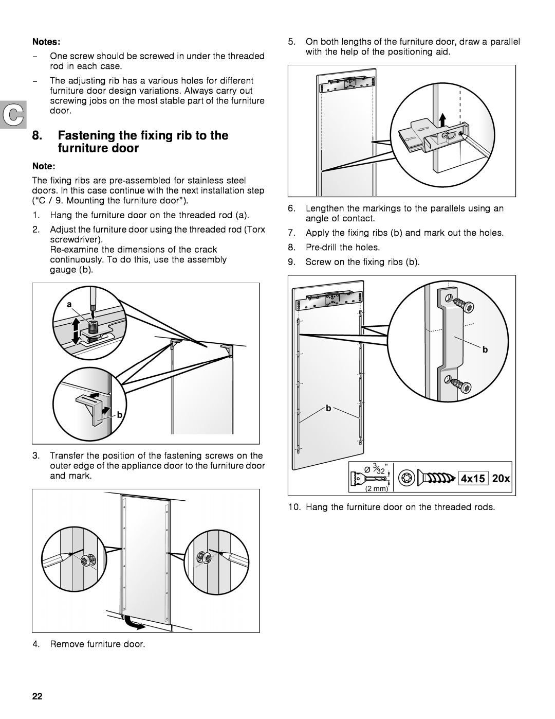 Gaggenau rc 462/413 rf 411/413 rf 461/463 rf 471 rw 414/464 manual Fastening the fixing rib to the furniture door, Notes 