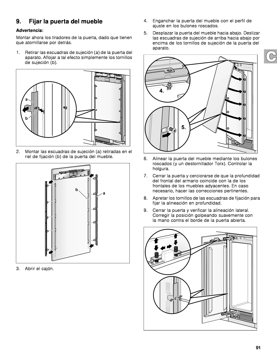 Gaggenau rc 462/413 rf 411/413 rf 461/463 rf 471 rw 414/464 manual Fijar la puerta del mueble, Advertencia 