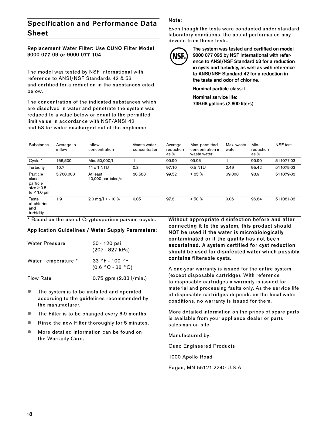 Gaggenau RF 471, RF 461, RF 463 manual Specification and Performance Data Sheet, Nominal particle class Nominal service life 