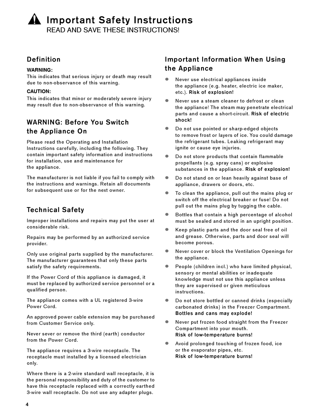 Gaggenau RF 413, RF 461 manual Important Safety Instructions, Read And Save These Instructions, Definition, Technical Safety 