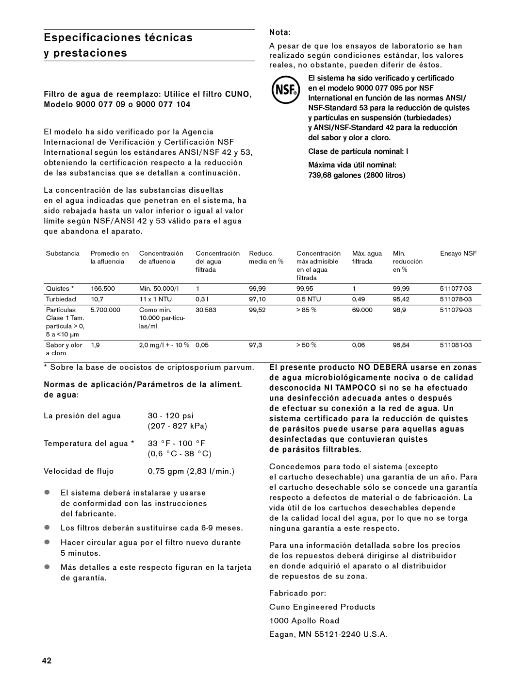 Gaggenau RF 411 manual Especificaciones técnicas y prestaciones, Clase de partícula nominal, de parásitos filtrables, Nota 