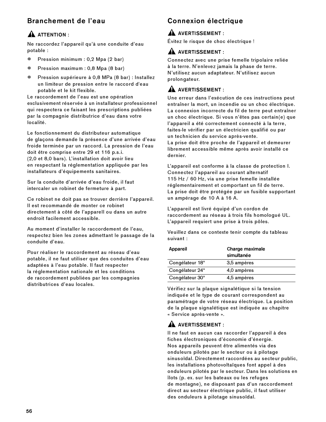 Gaggenau RF 463, RF 461 Branchement de l’eau, Connexion électrique, Appareil, Charge maximale, simultanée, Avertissement 