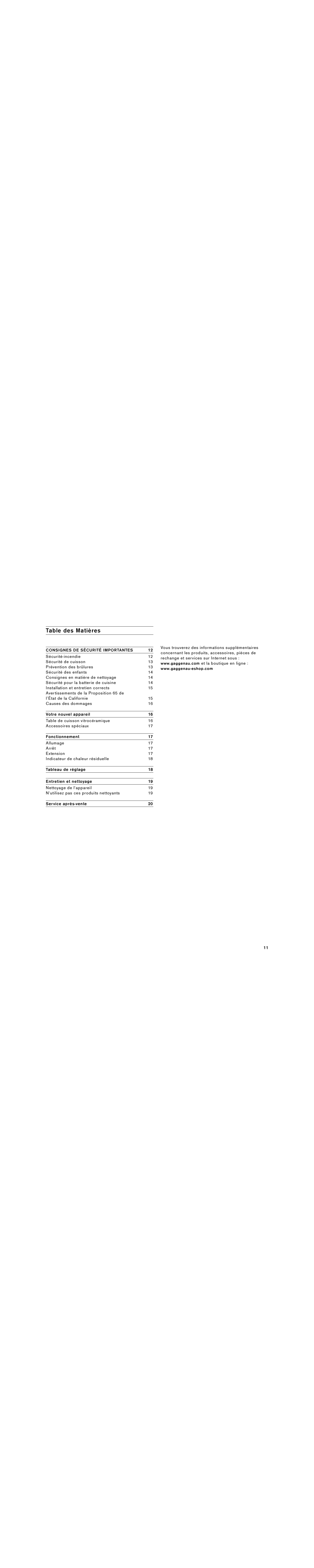 Gaggenau VE 260 614, VE 230 614 manual Table des Matières, Consignes DE Sécurité Importantes 