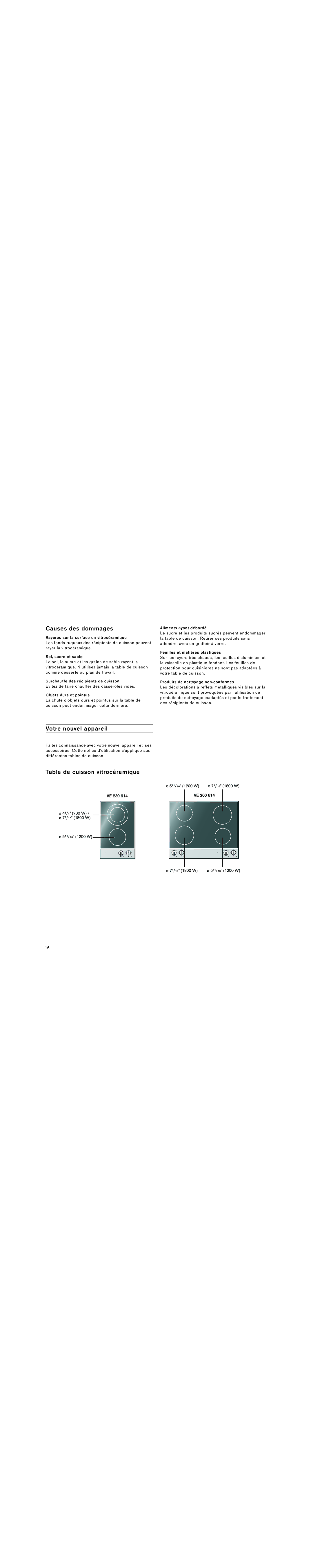 Gaggenau VE 230 614, VE 260 614 manual Causes des dommages, Votre nouvel appareil, Table de cuisson vitrocéramique 