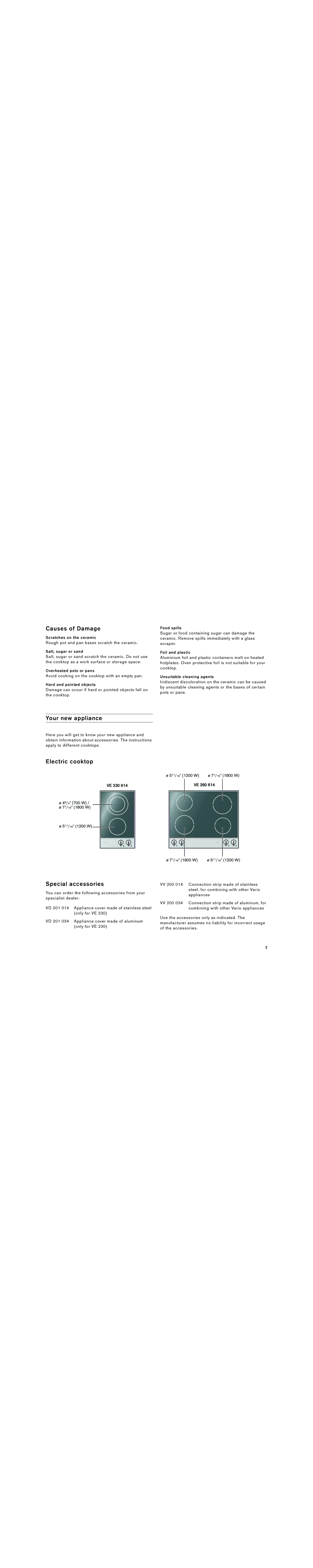 Gaggenau VE 260 614, VE 230 614 manual Causes of Damage, Your new appliance, Electric cooktop Special accessories 