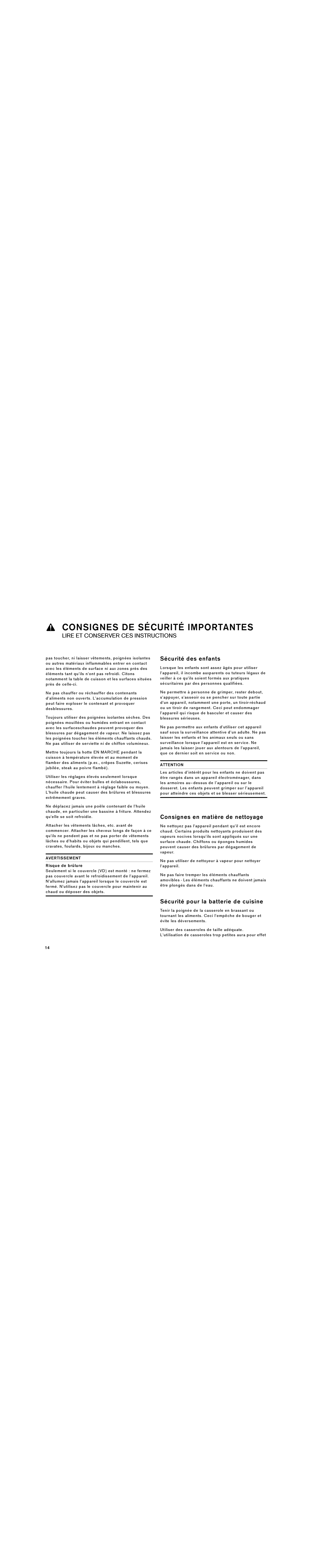 Gaggenau VE 230 614 manual Sécurité des enfants, Consignes en matière de nettoyage, Sécurité pour la batterie de cuisine 