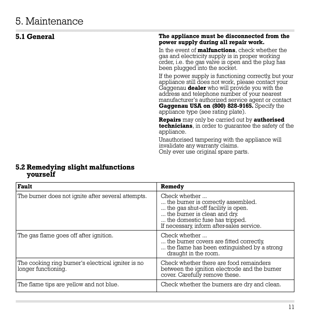 Gaggenau VG 232 CA manual Maintenance, General Remedying slight malfunctions yourself 