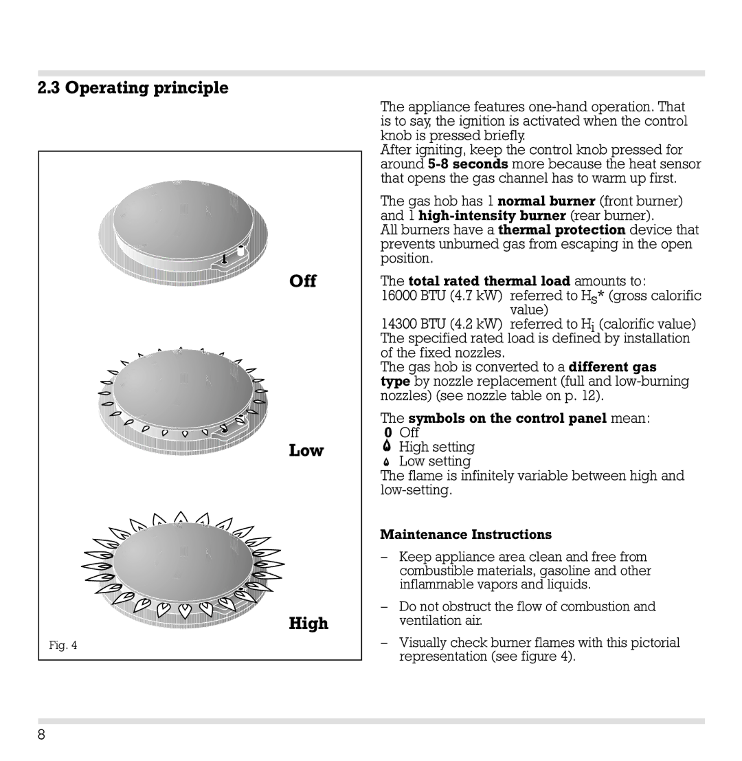 Gaggenau VG 232 CA manual Operating principle Off Low High 