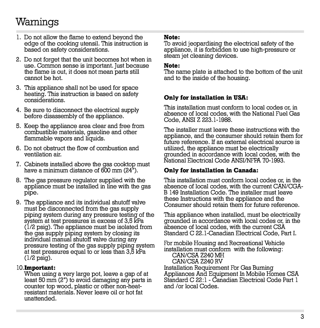 Gaggenau VG 232 CA manual Warnings 