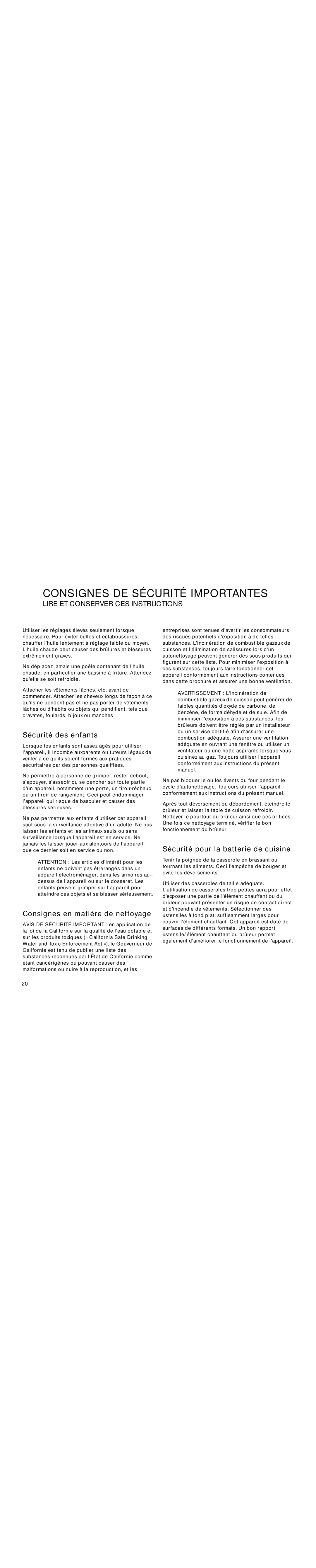 Gaggenau VG 295 CA manual Sécurité des enfants, Consignes en matière de nettoyage, Sécurité pour la batterie de cuisine 