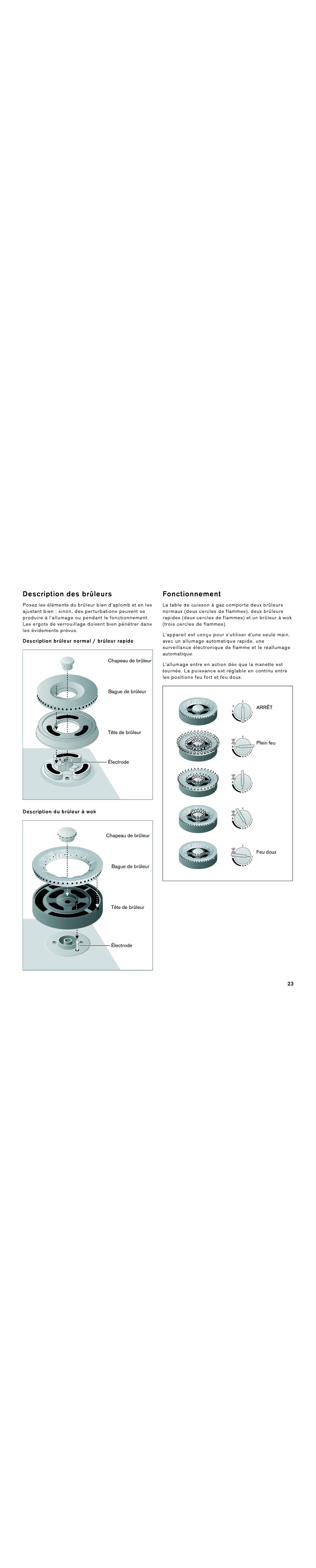 Gaggenau VG 295 CA manual Description des brûleurs, Fonctionnement, Description brûleur normal / brûleur rapide 