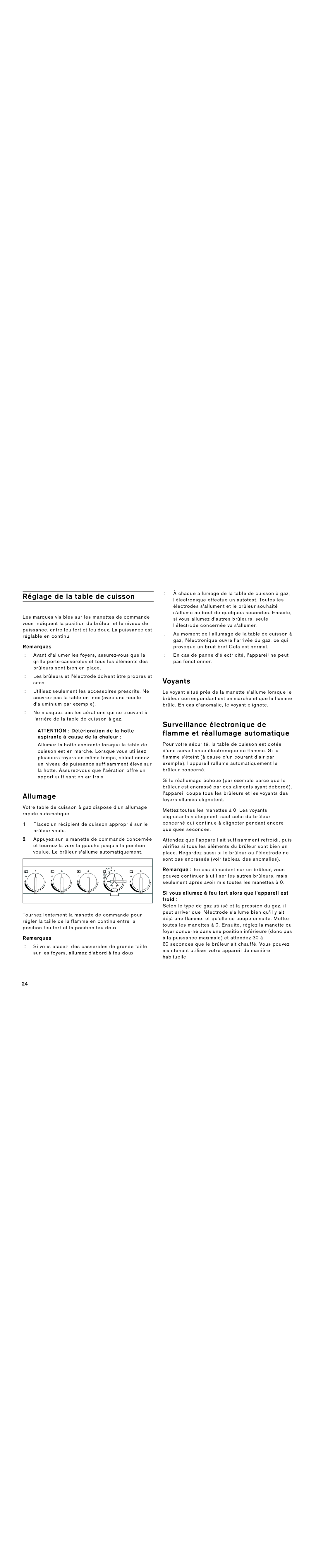 Gaggenau VG 295 CA manual Réglage de la table de cuisson, Allumage, Voyants, Remarques 