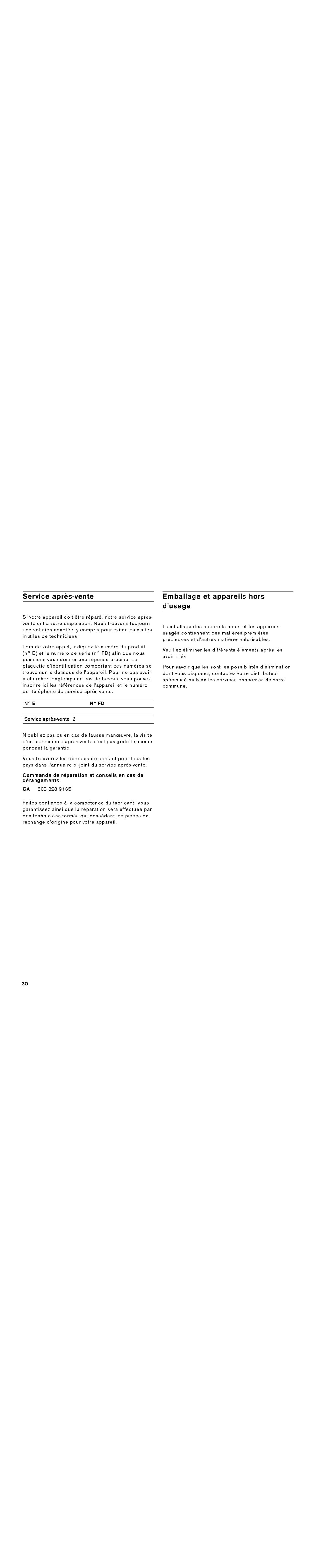 Gaggenau VG 295 CA manual Emballage et appareils hors dusage, Service après-vente O 