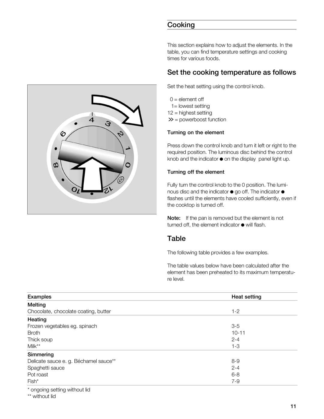 Gaggenau VI 411611 manual Cooking, Set the cooking temperature as follows 