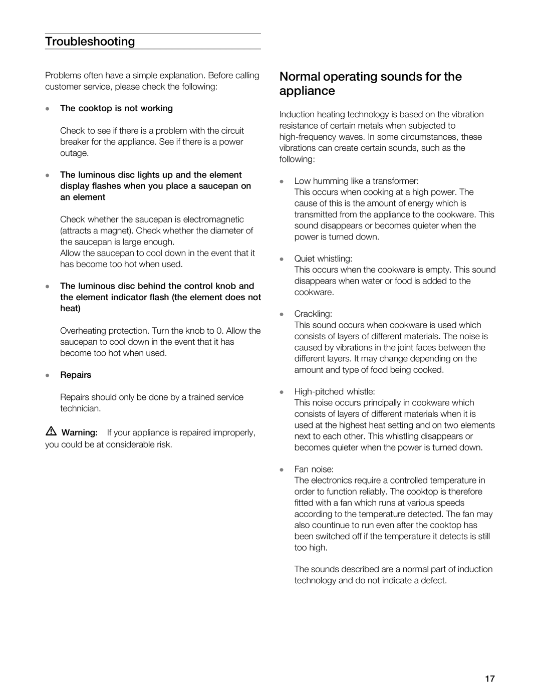 Gaggenau VI 411611 manual Normal operating sounds for Appliance, Troubleshooting 