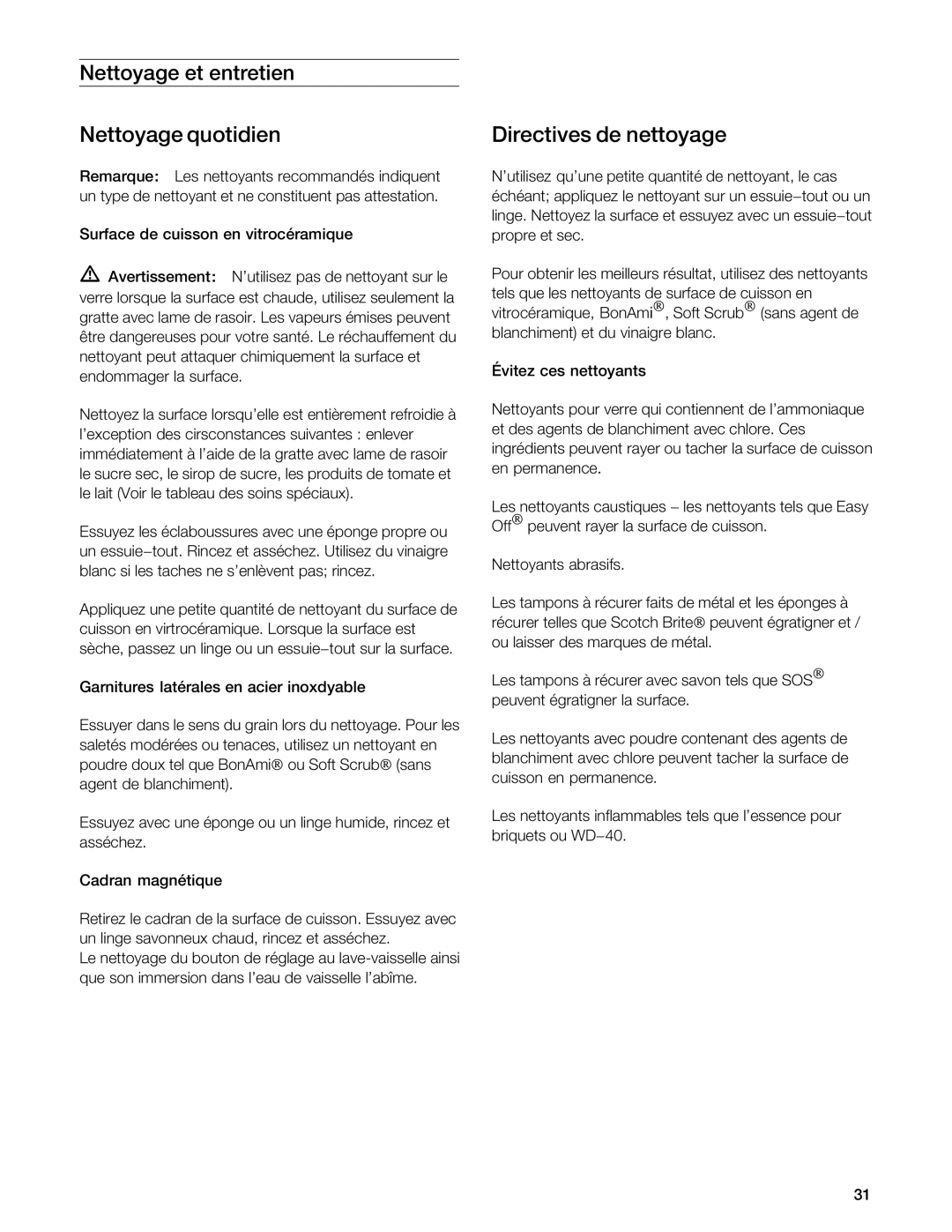 Gaggenau VI 411611 manual Nettoyage Quotidien Directives, Nettoyage et entretien 