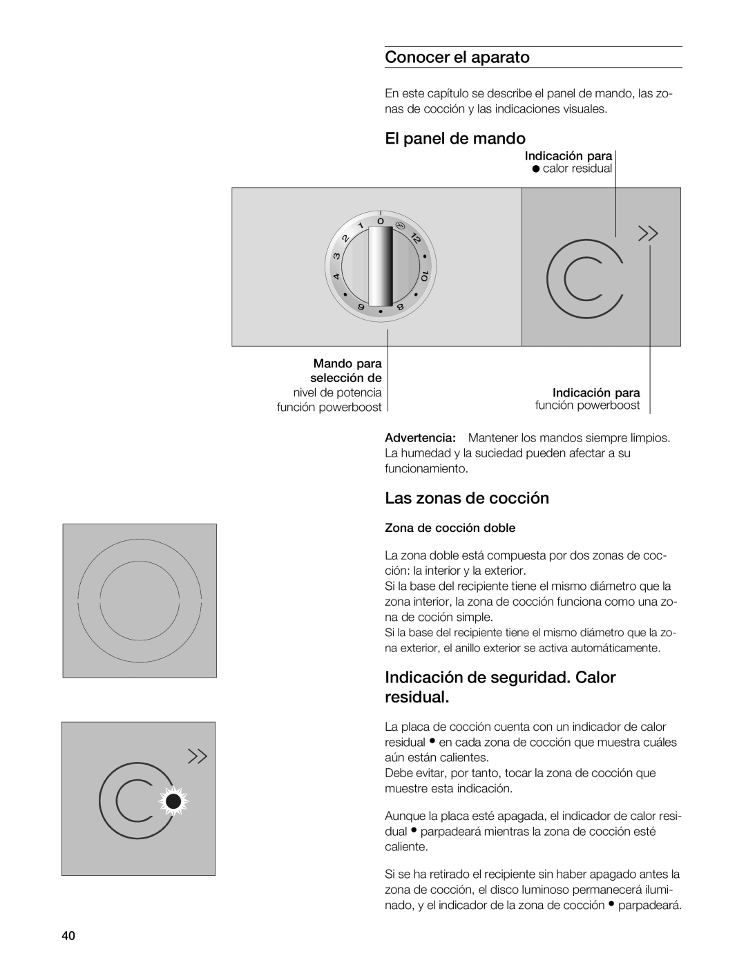 Gaggenau VI 411611 Conocer el aparato, El panel de mando, Las zonas de cocción, Indicación de seguridad. Calor residual 