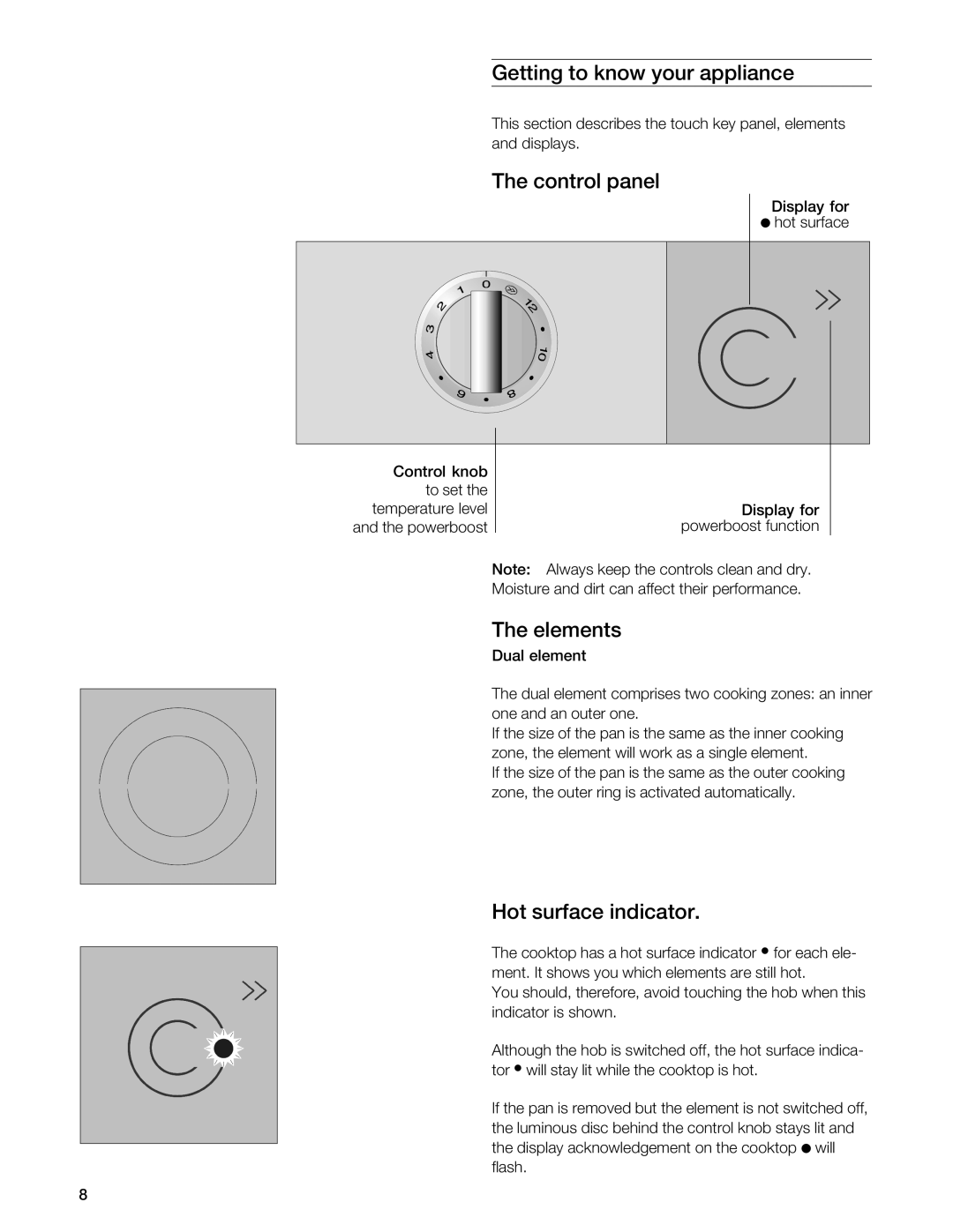 Gaggenau VI 411611 manual Getting to know your appliance, Control panel, Elements, Hot surface indicator 