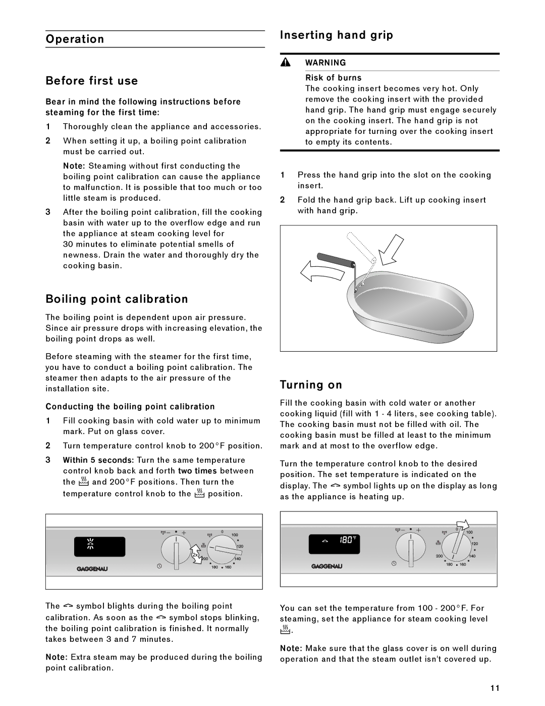 Gaggenau VK 230 714 manual Operation Before first use, Boiling point calibration, Inserting hand grip, Turning on 