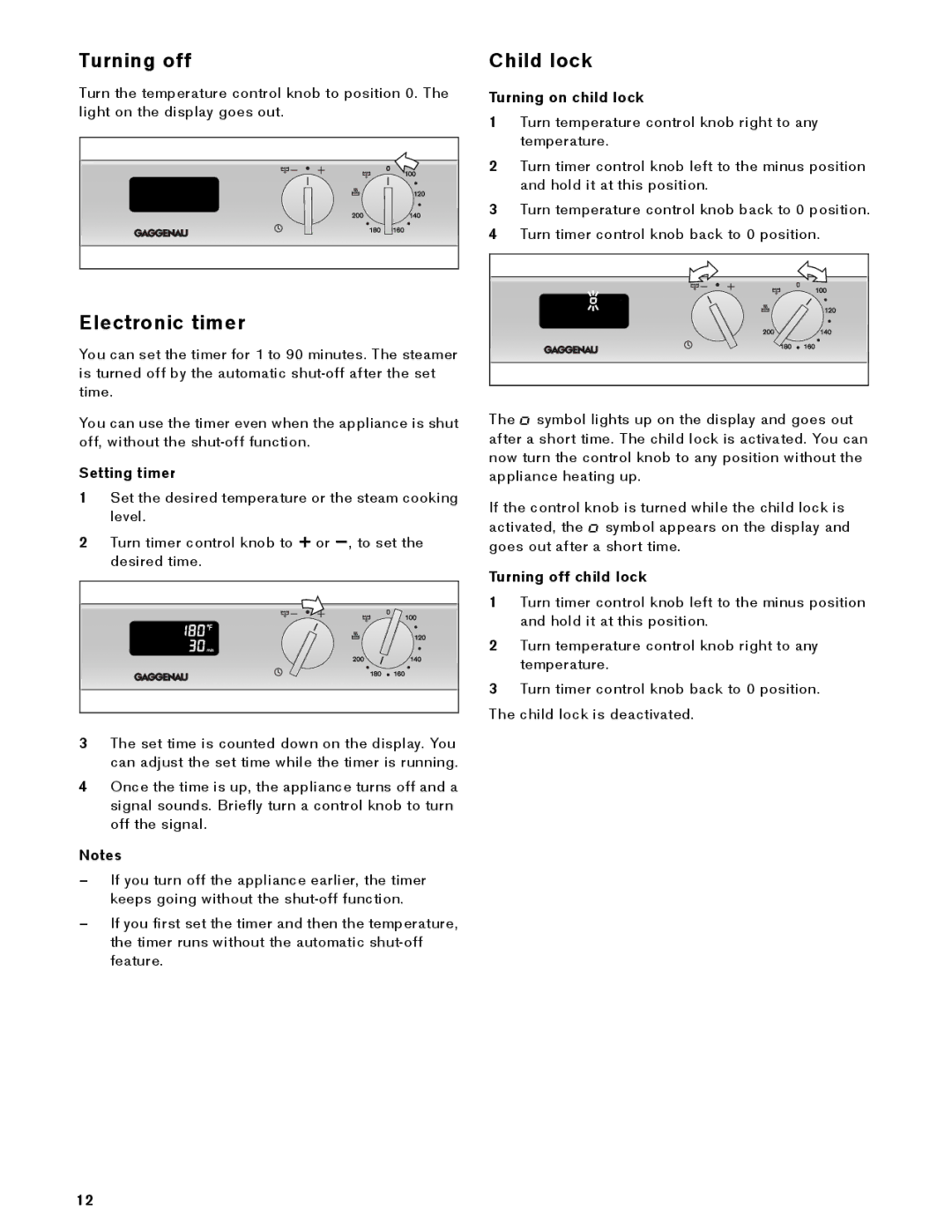 Gaggenau VK 230 714 manual Turning off, Child lock, Electronic timer 