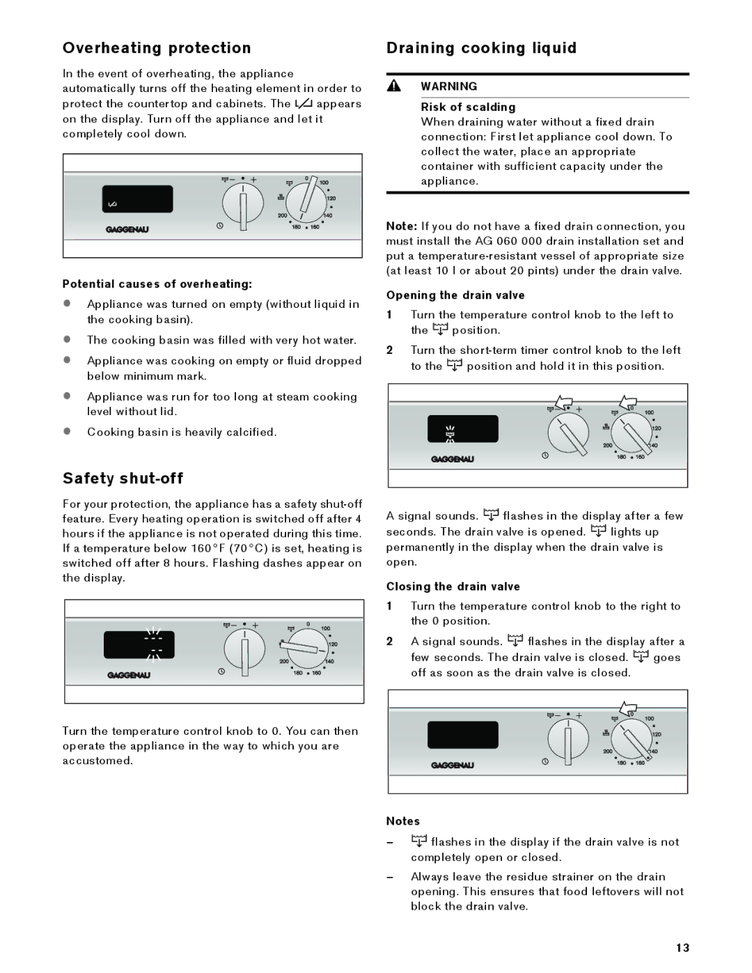 Gaggenau VK 230 714 manual Overheating protection, Safety shut-off, Draining cooking liquid 