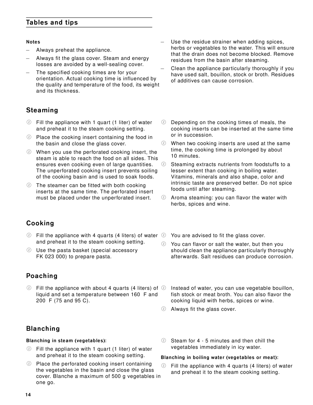 Gaggenau VK 230 714 manual Tables and tips, Steaming, Cooking, Poaching, Blanching 