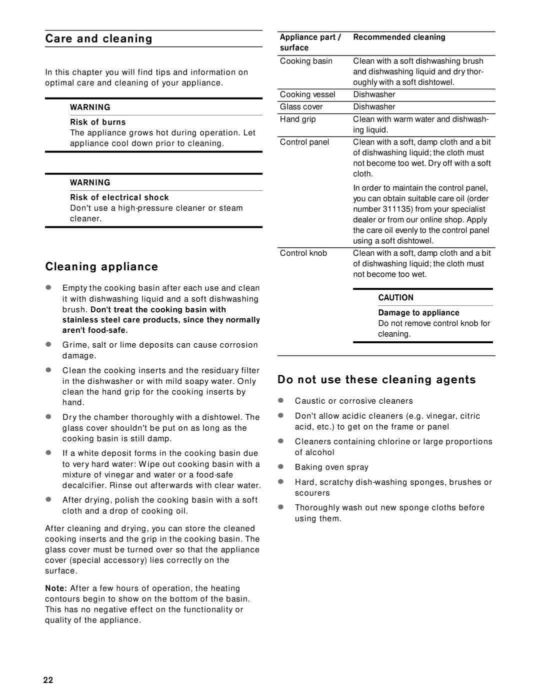 Gaggenau VK 230 714 manual Care and cleaning, Cleaning appliance, Do not use these cleaning agents 