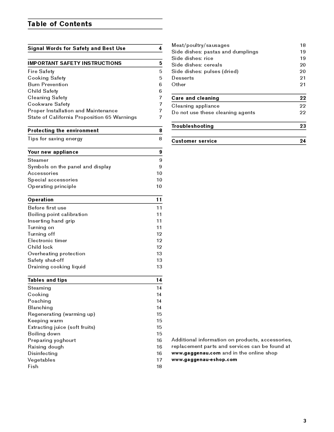 Gaggenau VK 230 714 manual Table of Contents 