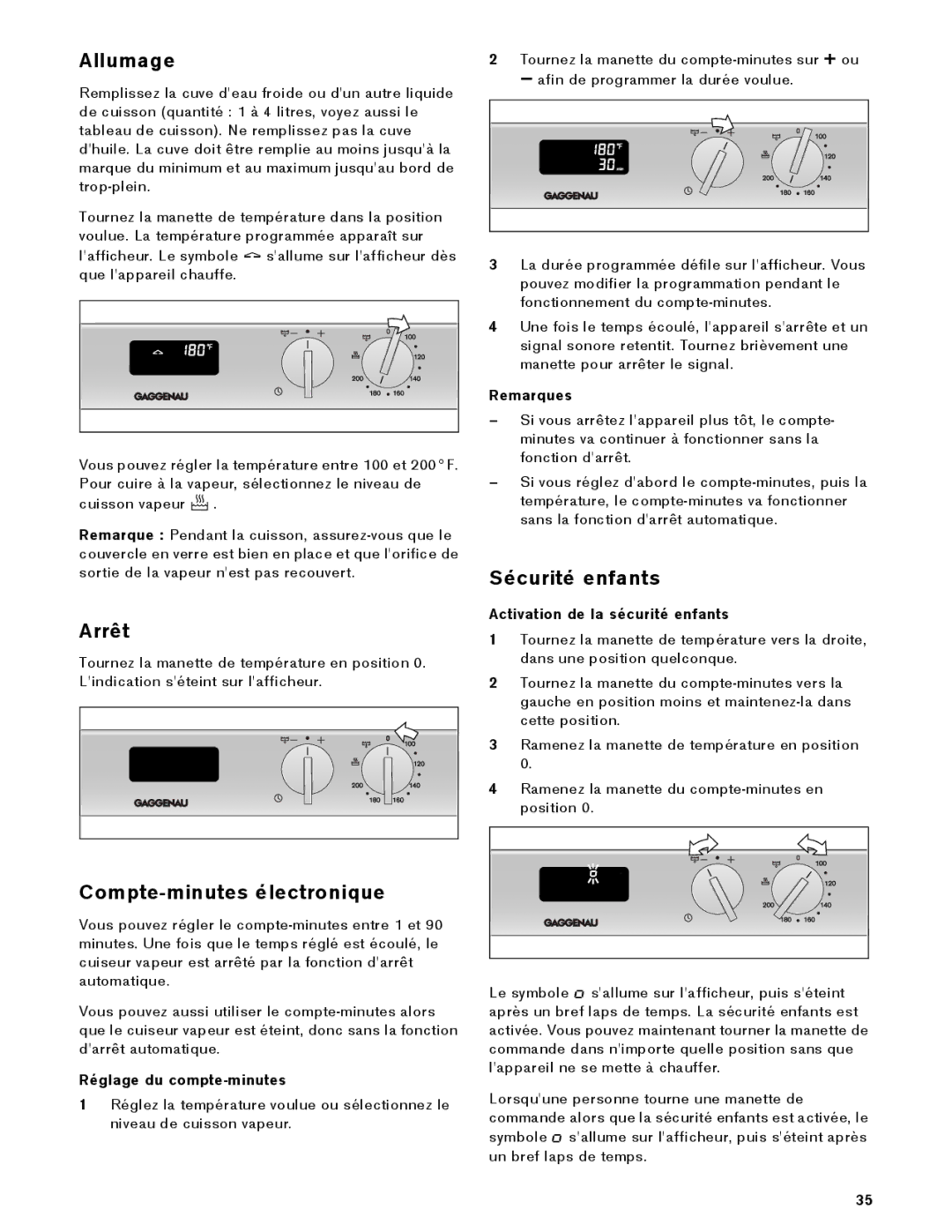 Gaggenau VK 230 714 manual Allumage, Arrêt, Sécurité enfants, Compte-minutes électronique 