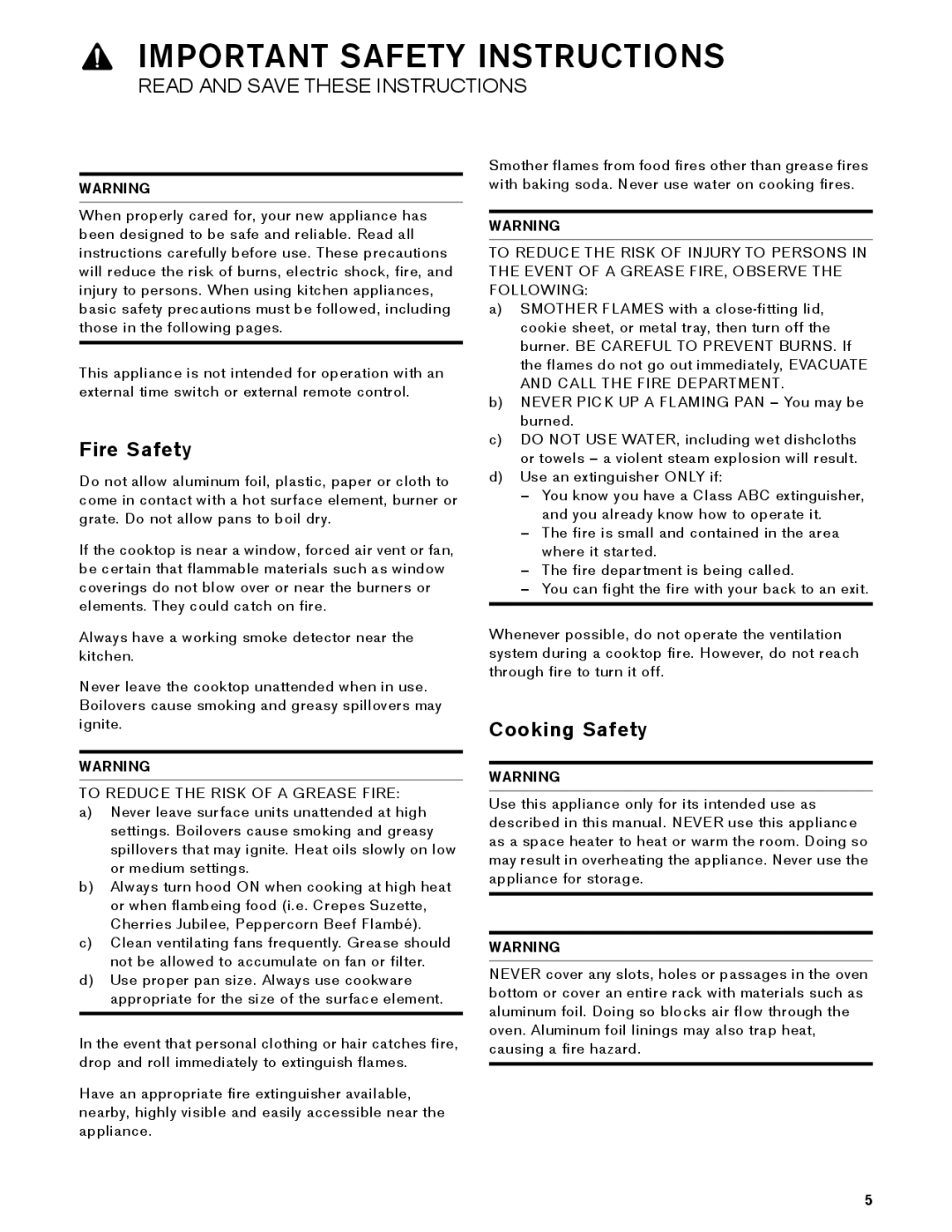 Gaggenau VK 230 714 manual Fire Safety, Cooking Safety 