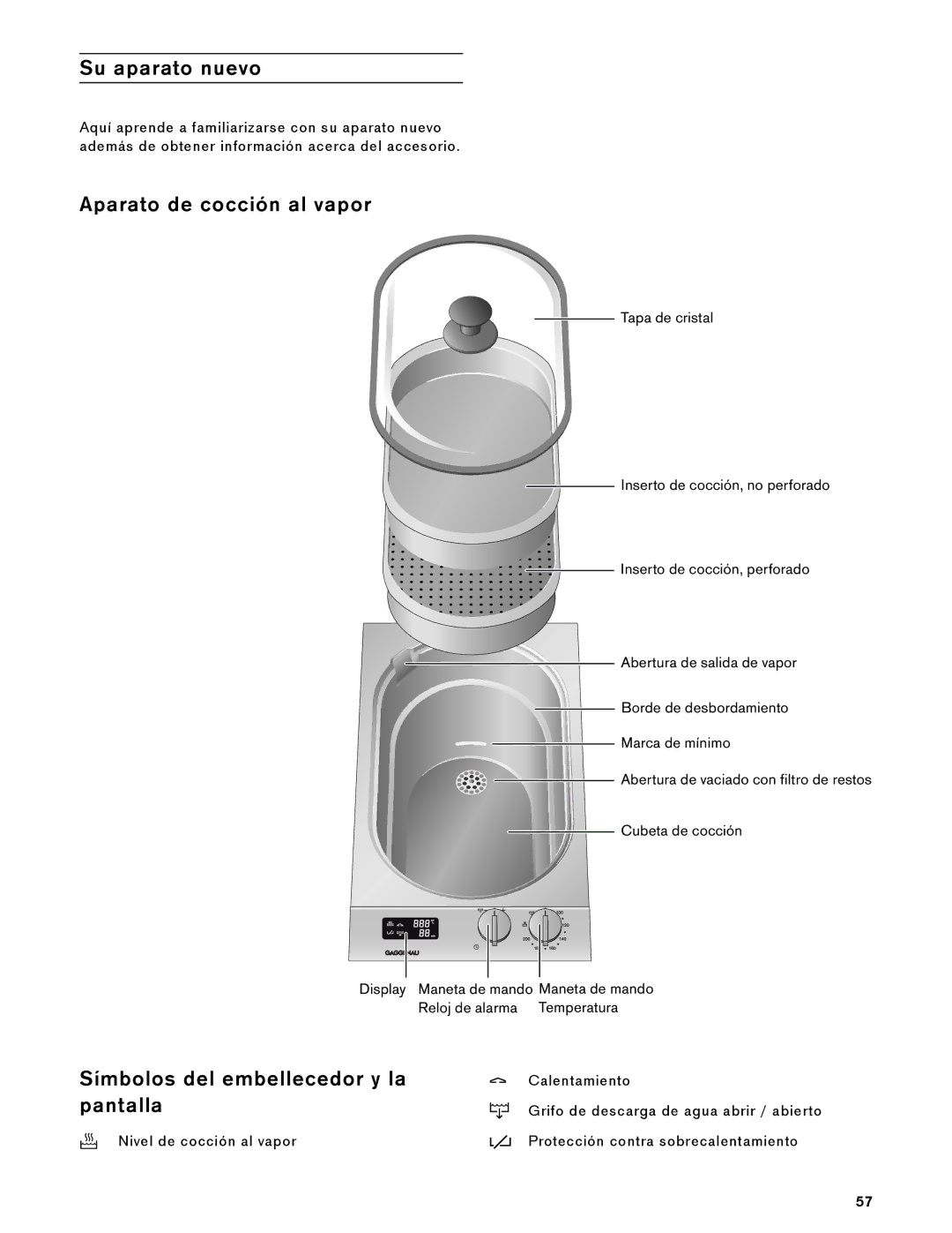 Gaggenau VK 230 714 manual Su aparato nuevo, Aparato de cocción al vapor, Símbolos del embellecedor y la pantalla 