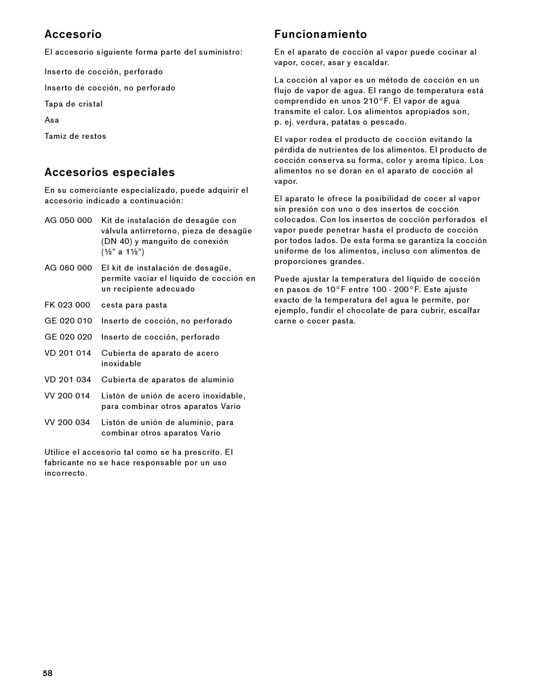 Gaggenau VK 230 714 manual Accesorios especiales, Funcionamiento 