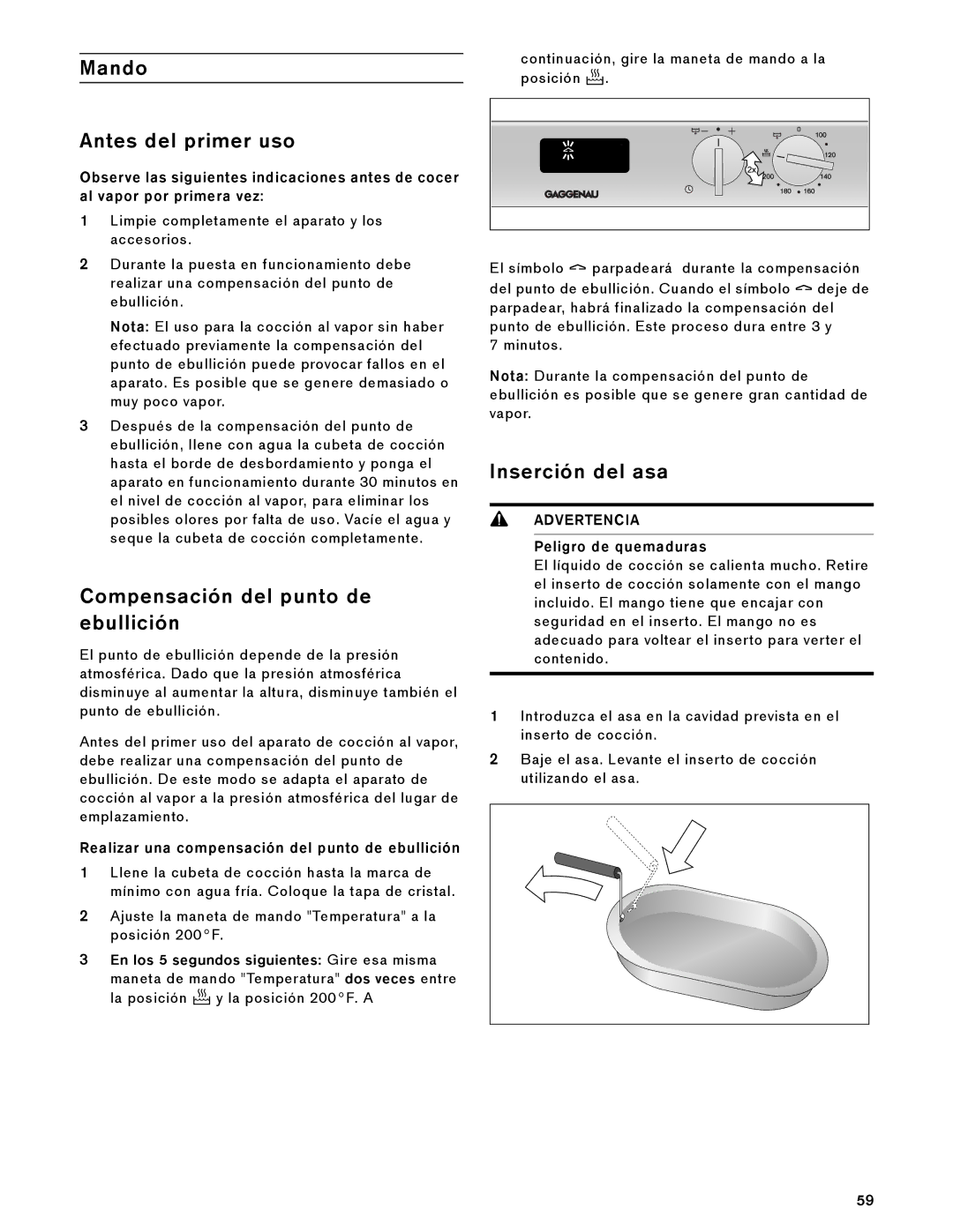 Gaggenau VK 230 714 manual Mando Antes del primer uso, Compensación del punto de ebullición, Inserción del asa 